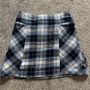 Maeve Plaid A-Line Mini Skirt in Blue, Black, and White